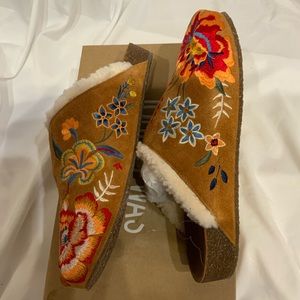 Johnny Was Taline Suede Mule Sherpa Lined Brown Embroidered NEW 7